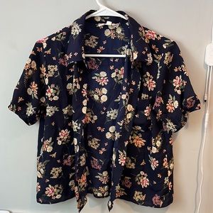 Pink Rose size small, short sleeve floral button up, sheer